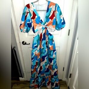 Peach Love Ca Blue and Orange cut out Maxi Dress